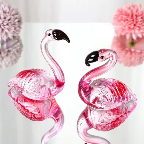 Ornements Flamants Roses en Cristal Modernes Ensemble de Couple Figurines d'Animaux en Verre Rose Transparent Bleu Pour Décoration Maison Salon Bureau Cadeau