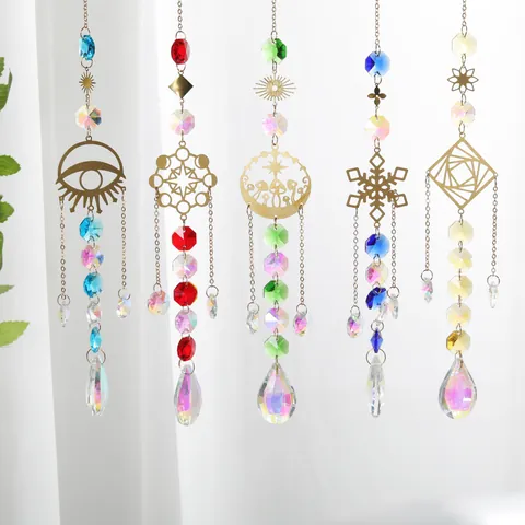 Crystal Suncatcher Hanging Ornament Gold Metal Alloy Snowflake Evil Eye Pattern Home Garden Window Decorative Light Catcher