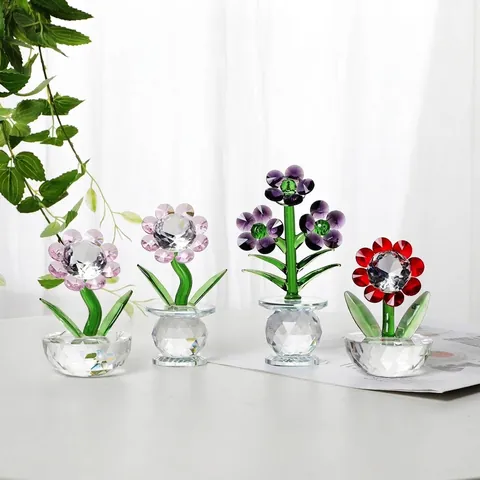 Crystal Flower Ornament Tulip Sunflower Glass Figurine With Cut Diamond Base Decorative Home Desk Table Garden Decor Gift