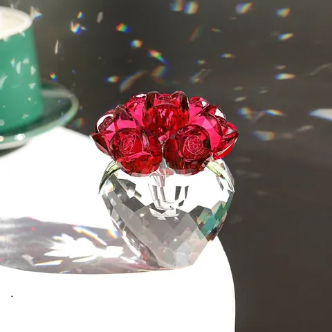 Modern Luxury Faceted White Crystal Rose Flower Figurine With Transparent Heart Shaped Base Desktop Ornament Home Decor Gift For Valentine Day Mother Day