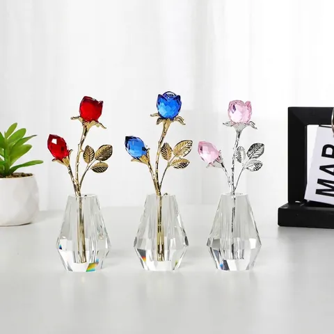 Crystal Rose Flower Ornament With Vase One Flower And One Bud Artificial Crystal Rose Table Decor Gift For Mothers Day