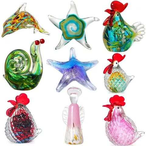 Hand Blown Glass Animal Figurines Colorful Crystal Snail Dolphin Rooster Owl Angel Starfish Home Office Desktop Decor Ornaments Gift