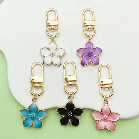 Pearly Enamel Cherry Blossom Petal Keychain Alloy Gold Plated Flower Bag Charm AirPods Accessories Women Key Ring