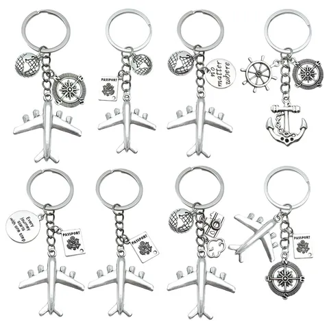 Reis Sleutelhanger Legering Vliegtuig Globe Kompas Paspoort Hanger Vintage Zilver Emaille Nautisch Sleutelring Mannen Vrouwen Cadeau