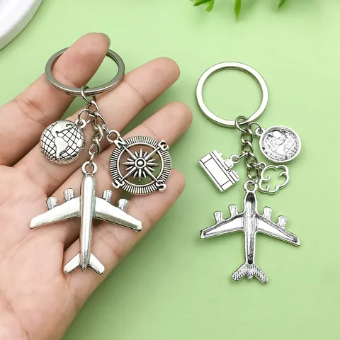 Reis Sleutelhanger Legering Vliegtuig Globe Kompas Paspoort Hanger Vintage Zilver Emaille Nautisch Sleutelring Mannen Vrouwen Cadeau