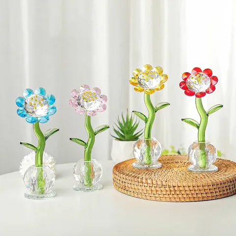 Crystal Sunflower Figurine Faceted White Crystal Sun Flower Desk Ornament Modern Home Decor Botanical Statuette Mother's Day Gift
