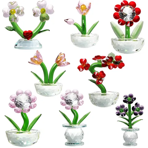 Crystal Flower Ornament Tulip Sunflower Glass Figurine With Cut Diamond Base Decorative Home Desk Table Garden Decor Gift