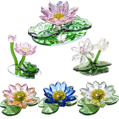 Crystal Lotus Flower Ornament Multi-Faceted Cut Glass Lotus Lily Desktop Decor With Green Leaf Base Zen Decorative Craft Gift
