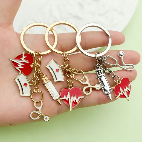 Zinc Alloy Medical Keychain Simulation Nurse Hat Heartbeat ECG Stethoscope Syringe Enamel Pendant Keychain For Doctors Nurses Gift Jewelry