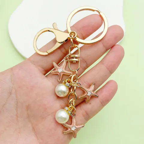 Handmade Enamel Starfish Artificial Pearl Keychain Nautical Shell Mermaid Tail Bag Charm For Women Girls Gift Jewelry Accessories