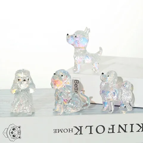 Iridescent Crystal Glass Dog Figurine Mini Puppy Statue Tabletop Ornament Micro Landscape Bonsai Decor Animal Collectible Statue Gift