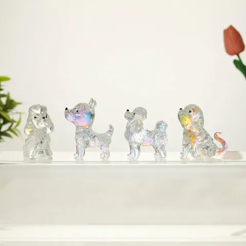 Iridescent Crystal Glass Dog Figurine Mini Puppy Statue Tabletop Ornament Micro Landscape Bonsai Decor Animal Collectible Statue Gift