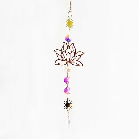 Crystal Suncatcher Gold Lotus Pendant Hanging Crystal Prism Geometric Ornament Garden Yard Indoor Decorative Crystal Ornament
