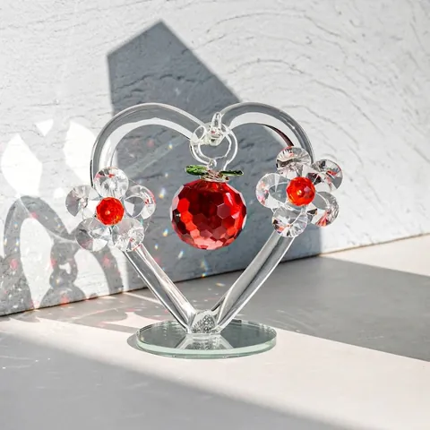 Ornement de Cœur en Cristal de Luxe Léger Européen Figurine de Pomme Rouge Avec Base en Miroir Artisanat de Table Décoratif en Cristal pour Maison Mariage Cadeau