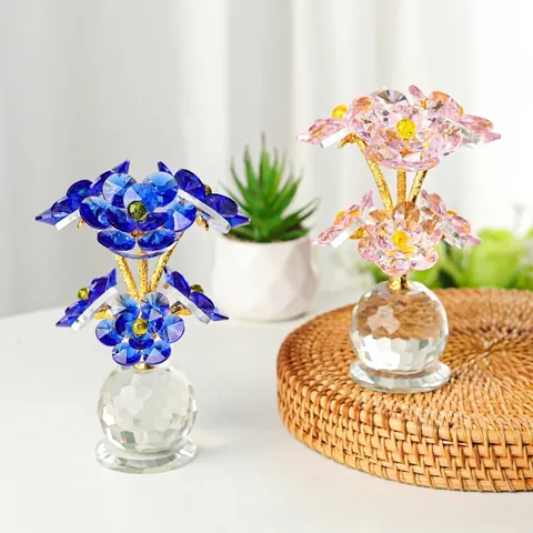 Crystal Lotus Flower Ornament Home Decor Metal Six-Branch Plant Figurine Desk Decoration Mother's Day Gift Restaurant Car Table Ornament
