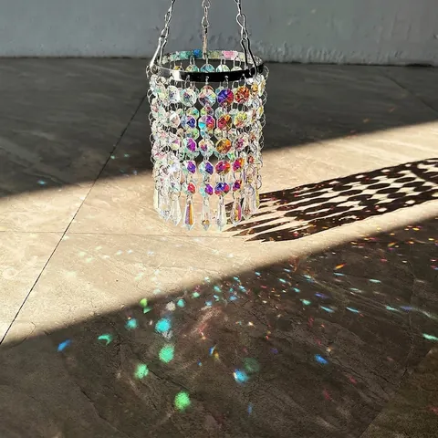 Atrapasol de Cristal Blanco de Lujo Colgante de Campanillas de Viento Arcoíris AB Cuentas Metal Decoración Colgante para Jardín Boda Hogar