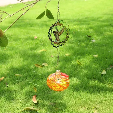 Outdoor Garden Hanging Decor Rotating Metal Wind Chime Spinner With Hand Blown Painted Glass Ball Suncatcher For Yard Decoration