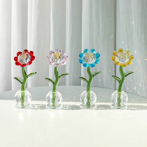 Crystal Sunflower Figurine Faceted White Crystal Sun Flower Desk Ornament Modern Home Decor Botanical Statuette Mother's Day Gift