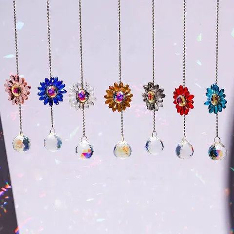 Handmade Sunflower Crystal Suncatcher Hanging Ornament With Prisms Ball White Crystal Glass Flower Home Garden Windows Decor
