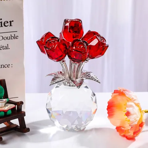 Lujo Adorno de Escritorio de Rosa de Cristal Artificial Figurita de Rosa de Vidrio Multicolor para Boda Día de la Madre Decoración del Hogar