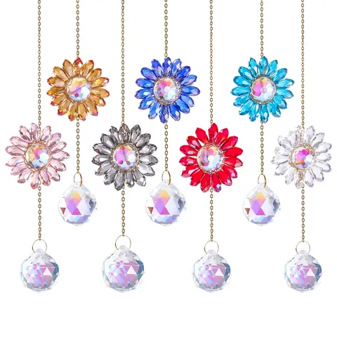 Handmade Sunflower Crystal Suncatcher Hanging Ornament With Prisms Ball White Crystal Glass Flower Home Garden Windows Decor