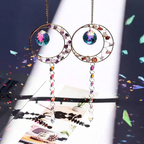 Handmade Crystal Suncatcher Wind Chime Hanging Ornament With Natural Gravel AB Colorful Round Geometric Home Garden Decor Pendant