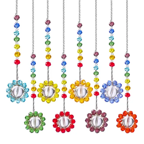 Handmade Rainbow Chakra Crystal Suncatcher Sun Flower Hanging Wind Chime For Garden Outdoor Window Home Decor Clear Crystal Ball Pendant