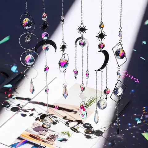 Serie de Plata Atrapasol de Cristal Metálico Juego de 6 Luna Estrella Círculo Adornos de Navidad Estilo Pastoral Colgante