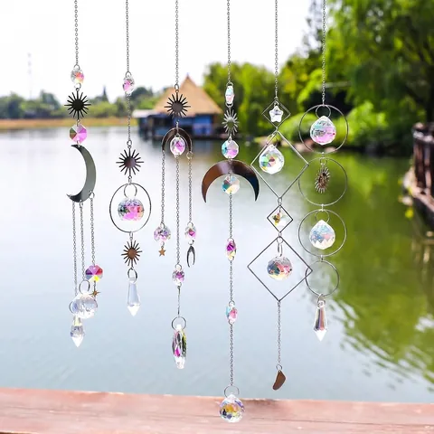 Serie de Plata Atrapasol de Cristal Metálico Juego de 6 Luna Estrella Círculo Adornos de Navidad Estilo Pastoral Colgante