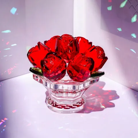 Luxury Clear Crystal Red Rose Flowers In Basket Figurine Glass Rose Flower Table Centerpiece For Mother Day Gift Home Decor