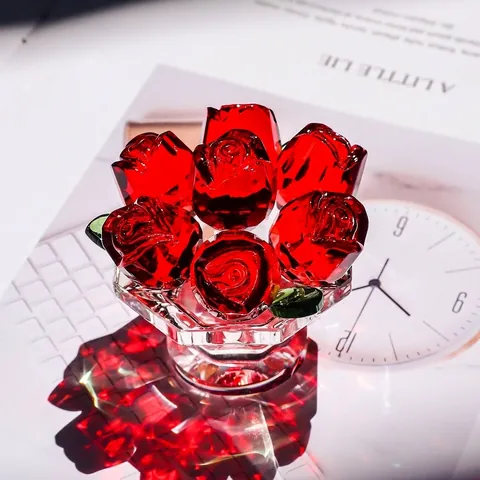 Luxury Clear Crystal Red Rose Flowers In Basket Figurine Glass Rose Flower Table Centerpiece For Mother Day Gift Home Decor
