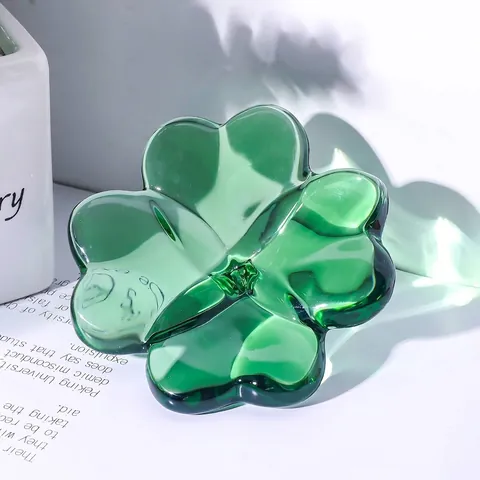 Figura de Cristal de Trébol de Cuatro Hojas Verde de la Suerte Ornamento de Decoración del Hogar de Lujo Planta de Vidrio Facetado