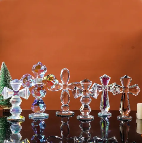 Faceted White Crystal Cross Figurine Desktop Ornament Iridescent Rainbow Maker Religious Decor Christmas Halloween Gift