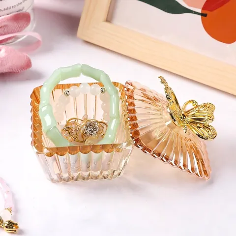 Vintage Crystal Glass Jewelry Box With Butterfly Metal Lid Champagne Smoke Gray Storage Jar For Rings Earrings Nail Cup