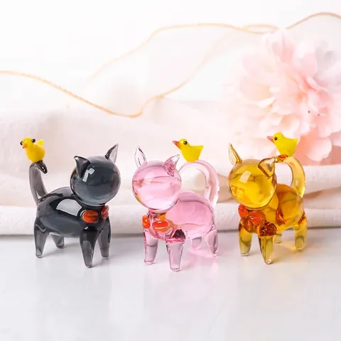 Handmade Crystal Glass Cat Figurine With Bird Small Animal Desktop Ornament Cute Glazed Cat Table Decor For Living Room