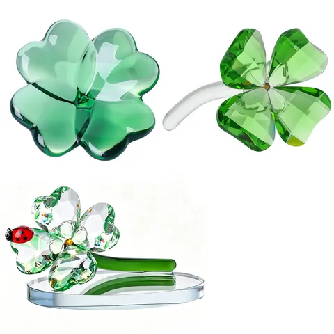 Figura de Cristal de Trébol de Cuatro Hojas Verde de la Suerte Ornamento de Decoración del Hogar de Lujo Planta de Vidrio Facetado