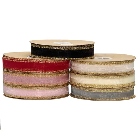 Korean Style Gold Edge Organza Ribbon Metallic Fringe Sheer Chiffon Ribbon For Gift Wrapping Bouquet Hair Bow Decor Wedding Party DIY Crafts