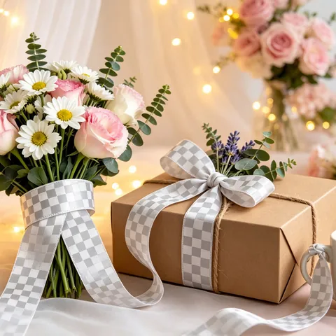 Cinta de Gingham a Cuadros de Poliéster Satén Tela para Lazos DIY Decoración Envoltura Regalo Navidad Boda en Rollo