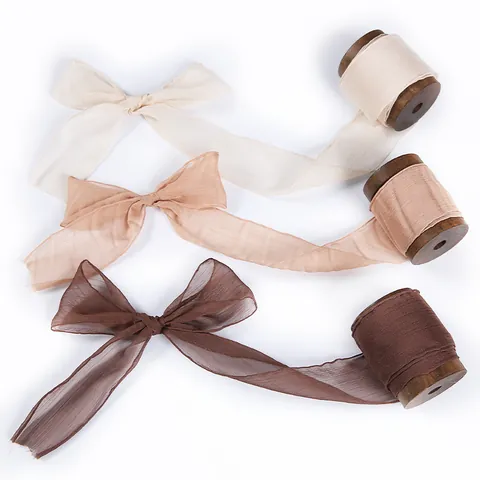 Wrinkled Chiffon Ribbon Hand Frayed Raw Edge Polyester Decorative Ribbon For Wedding Bouquet Invitations Decor Gift Wrap