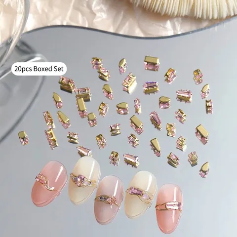 Rosa Zirkonia Nagelkunst Strasssteine Glänzende Geometrische Formen Gold Krallen Eingelegte Zirkon Deko Charms Für Professionelle Maniküre DIY Schmuck