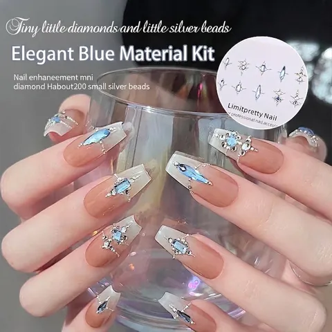 Nagelkunst Strass Materialpaket Gemischte Formen Blau Rosa Metall Stahlperlen Flachrücken Edelsteine Set Für DIY Nageldekoration Damen Schmuck