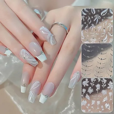3D Relief Nagelkunst Aufkleber Weißes Schleifenband Rosenblumen Design Mit Strass Künstlichen Perlen Für Damen DIY Maniküre Dekoration