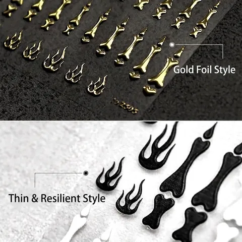 Bone Claw Flame Patterns Nail Art Stickers Ultra-thin 3D Relief Halloween Christmas Nails Decor Stickers DIY Manicure Decor