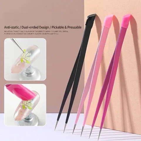 Επαγγελματικό Τσιμπιδάκι Nail Art Διπλού Άκρου Με Κεφαλή Πιεστήριου Σιλικόνης Αντιστατική Λαβή από Ανοξείδωτο Ατσάλι για Αυτοκόλλητα Νυχιών Εργαλεία Διακόσμησης