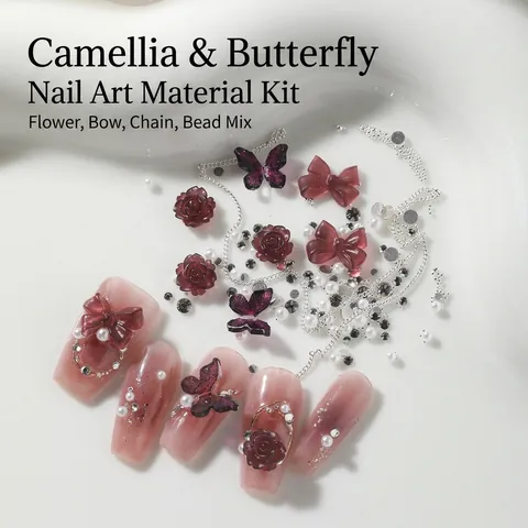 Camellia Butterfly Nail Art Material Kit Resin Flower Bow Rhinestone Pearl Metal Chain For Manicure Decoration Professional DIY Accessories