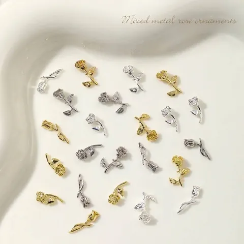 3D Metal Rose Nail Art Charms Alloy Gold Silver Antique Silver Flower Nail Ornaments For Manicure DIY Jewelry Making Decoration