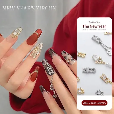 New Year Alloy Nail Art Decoration Rhinestone Chain Pendant Blessing Character Micro-Inlaid Jewelry For Manicure Luxury Nail Ornaments