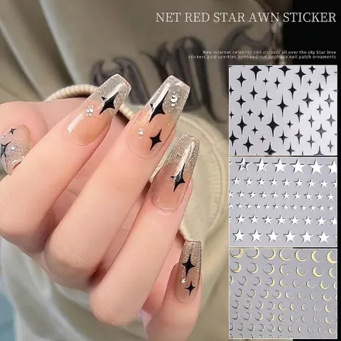 3D Self-Adhesive Star Moon Nail Stickers Starry Sky Decoration Gold Silver Black White Embossed Nail Art Decals For Women