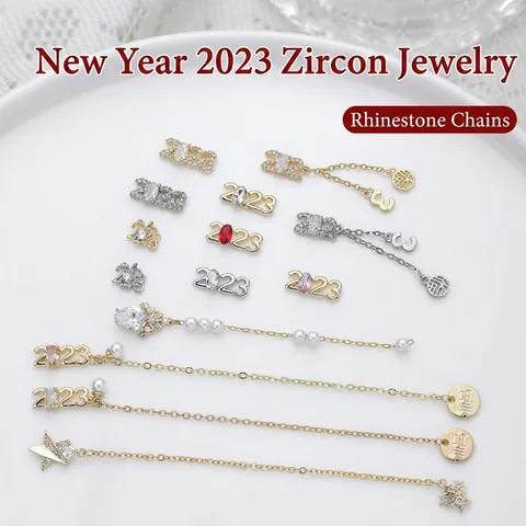 New Year Alloy Nail Art Decoration Rhinestone Chain Pendant Blessing Character Micro-Inlaid Jewelry For Manicure Luxury Nail Ornaments