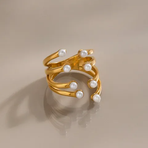 Niche Design Multi-layer Artificial Pearl Open Ring For Women 18K Gold Plated Stainless Steel Adjustable Fashion Jewelry Finger Ring